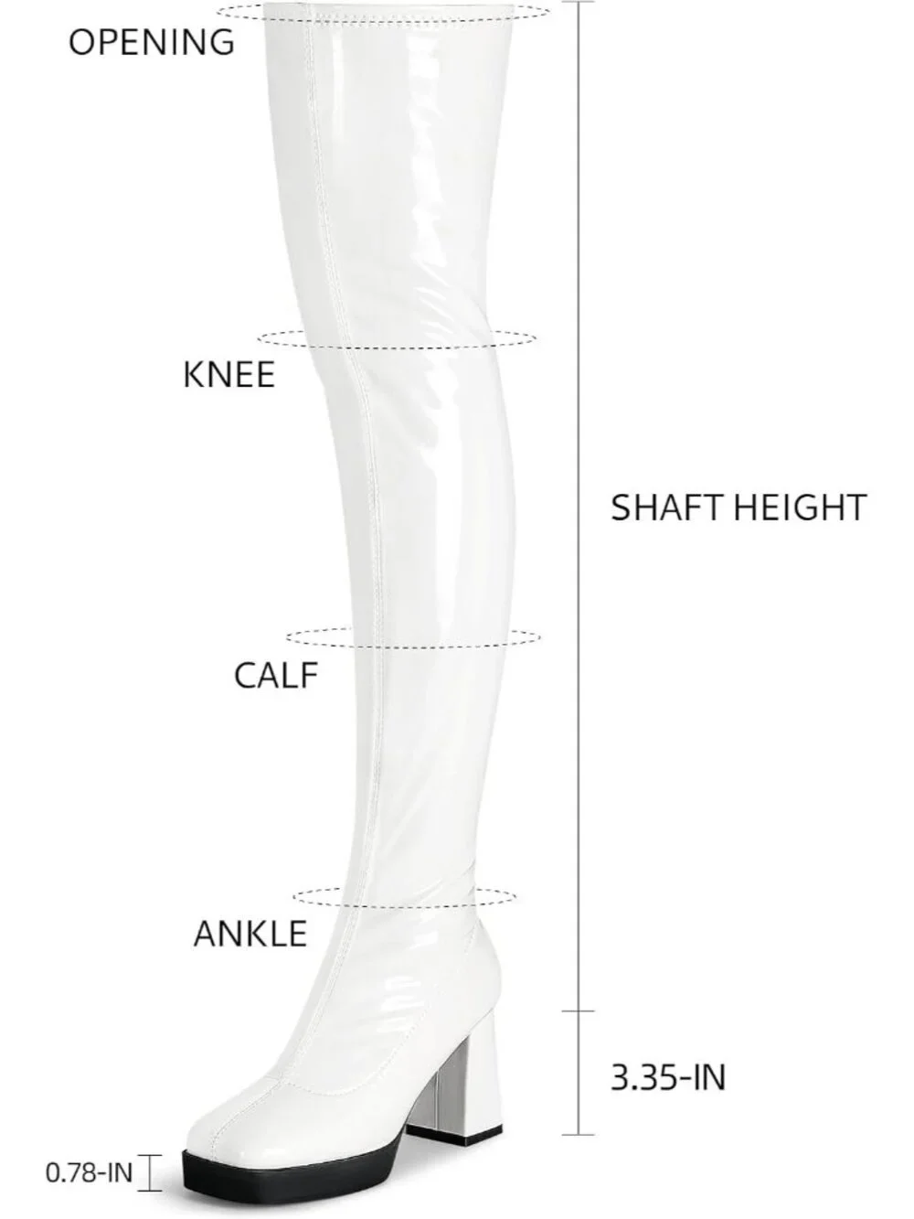 Women's White Patent Leather PU Square Toe Chunky Heel Stretch Boots